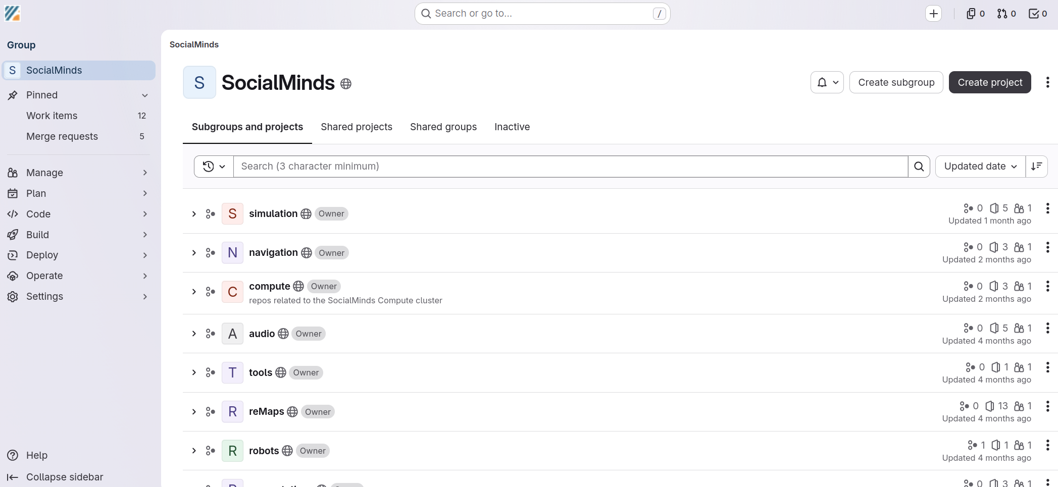 Screenshot of the SocialMinds gitlab page
