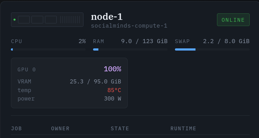 Screenshot of the SocialMinds GPU cluster interface